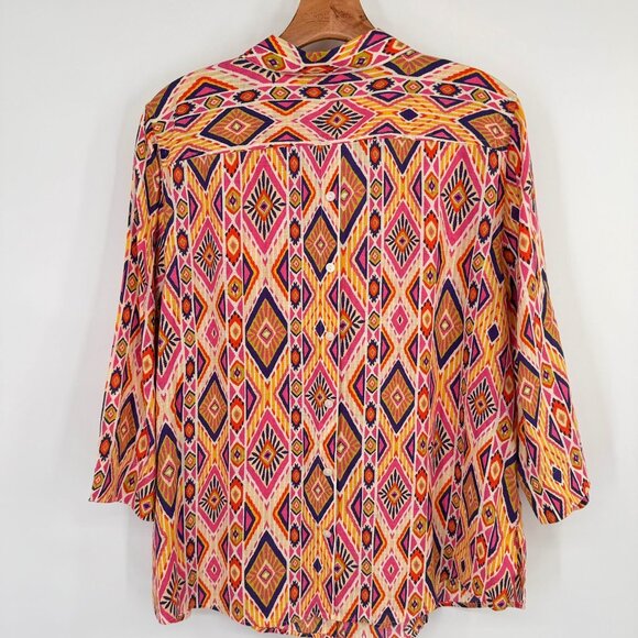 Chicos 3 Womens Ikat Linen Button-Back no iron Shirt blouse 3/4 sleeve Size XL - Picture 12 of 16